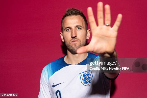 Harry Kane of England poses during the official FIFA World Cup Qatar 2022 portrait session on November 16, 2022 in Doha, Qatar.