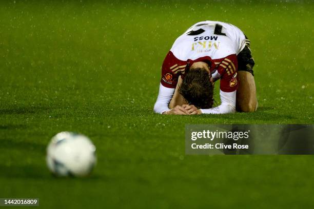 Dan Moss of Woking FC reacts during the Emirates FA Cup First Round match between Woking FC and Oxford United at The Laithwaite Community Stadium on...