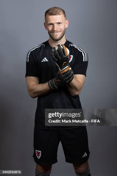 Adam Davies of Wales poses during the official FIFA World Cup Qatar 2022 portrait session on November 16, 2022 in Doha, Qatar.