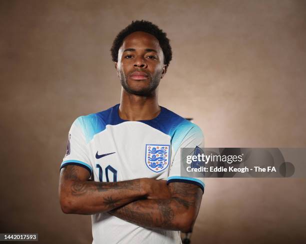 Raheem Sterling of England reacts during an England Media Session at Al Wakrah Stadium on November 16, 2022 in Doha, Qatar.