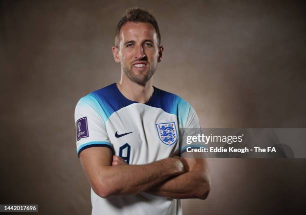 Harry Kane of England looks on during an England Media Session at Al Wakrah Stadium on November 16, 2022 in Doha, Qatar.