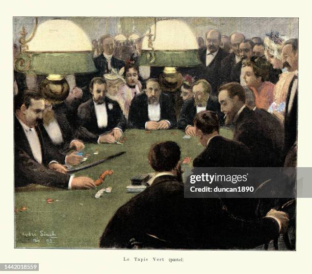 illustrazioni stock, clip art, cartoni animati e icone di tendenza di le tapis vert, uomini che giocano a carte in un casinò, gioco d'azzardo, vittoriano, 1890, 19 ° secolo - carte francesi