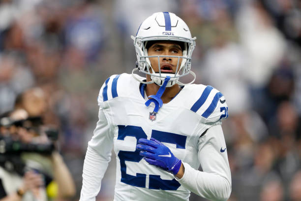 Safety Rodney Thomas II of the Indianapolis Colts warms up before a game against the Las Vegas Raiders at Allegiant Stadium on November 13, 2022 in...
