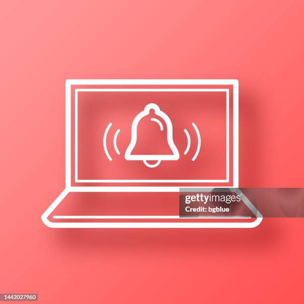 laptop with ringing bell - notification. icon on red background with shadow - notification bell stock illustrations
