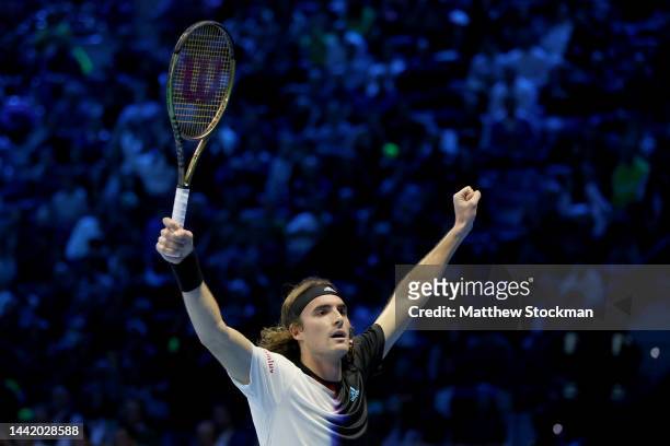 Stefanos Tsitsipas of Greece celebrates match point against Daniil Medvedev of Russia during day four of the Nitto ATP Finals at Pala Alpitour on...