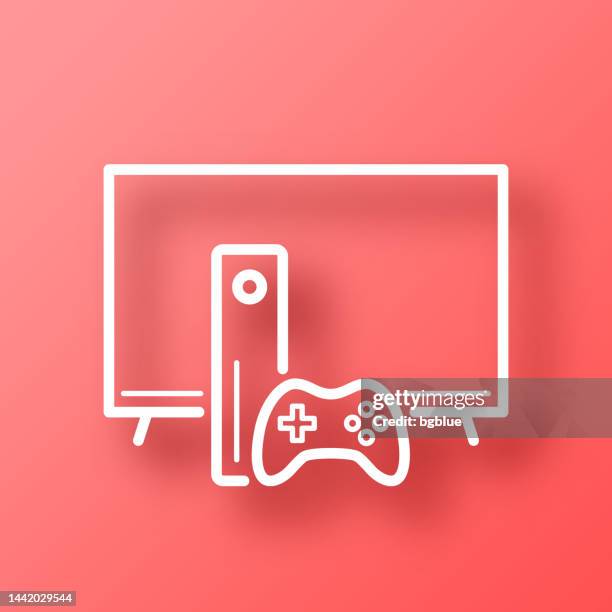 tv with game console. icon on red background with shadow - computer with blank screen stock illustrations