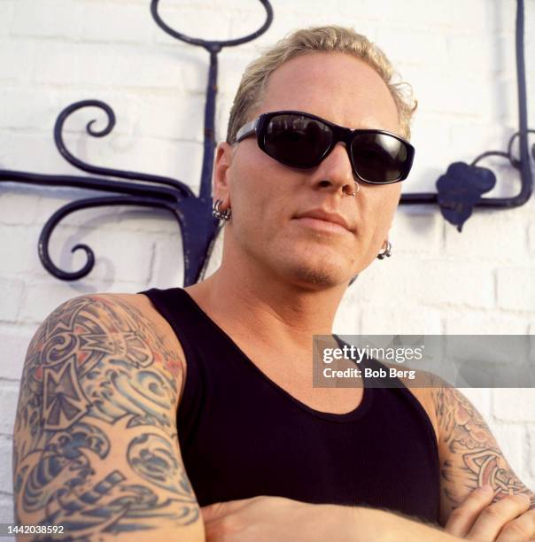 American drummer and percussionist Matt Sorum, of the Guns N' Roses, poses for a portrait, New York, New York, June 1997.