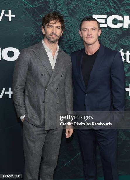 Michiel Huisman and Luke Evans attend Apple TV+'s "Echo 3" New York Premiere the at Walter Reade Theater on November 16, 2022 in New York City.