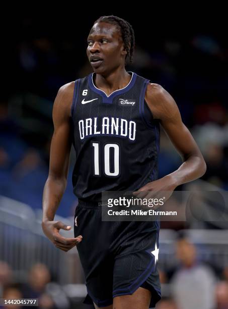 Bol Bol of the Orlando Magic looks on during a game against the Minnesota Timberwolves at Amway Center on November 16, 2022 in Orlando, Florida. NOTE...