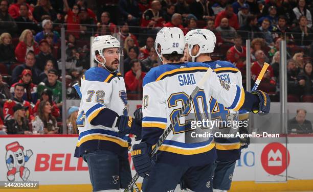 The St. Louis Blues celebrate a goal by Calle Rosen against the Chicago Blackhawks during the first period at United Center on November 16, 2022 in...