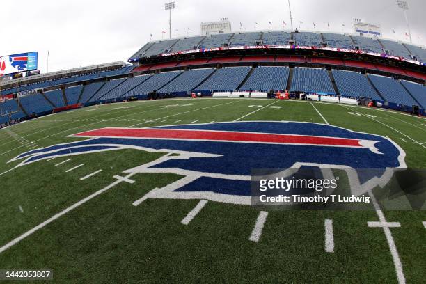 General view of the Buffalo Bills logo on the field at Highmark Stadium before a game against the Minnesota Vikings on November 13, 2022 in Orchard...