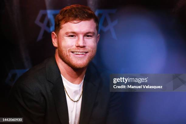 Saul 'Canelo' Alvarez smiles during the press conference on the 'VMC' beverages by 'Canelo' Alvarez at Monumento A La Revolucion on November 16, 2022...