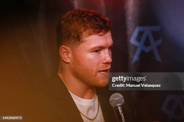 Saul 'Canelo' Alvarez speaks during the press conference on the 'VMC' beverages by 'Canelo' Alvarez at Monumento A La Revolucion on November 16, 2022...