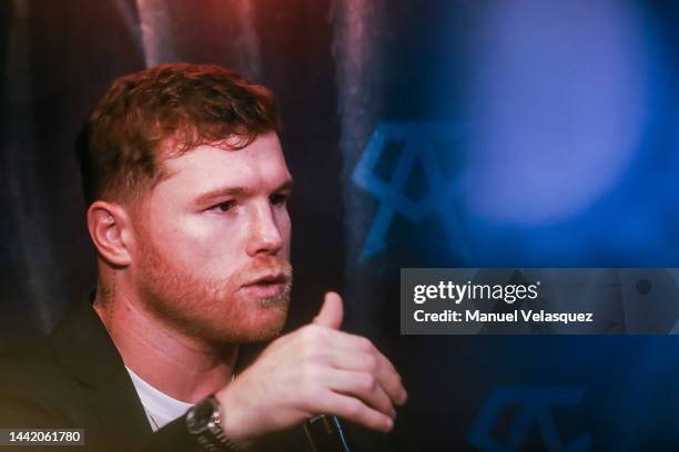 Saul 'Canelo' Alvarez gestures during the press conference on the 'VMC' beverages by 'Canelo' Alvarez at Monumento A La Revolucion on November 16,...