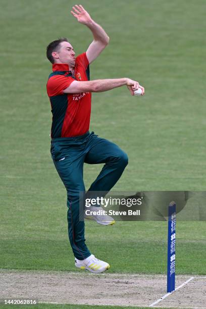 Tom Rogers of the Tigers bowls during the Marsh One Day Cup match between Tasmania and New South Wales at Blundstone Arena, on November 17 in Hobart,...