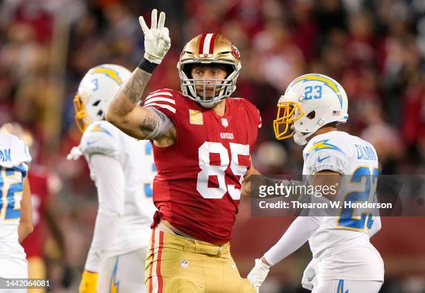 George Kittle of the San Francisco 49ers reacts after a first down during the second quarter against the Los Angeles Chargers at Levi's Stadium on...