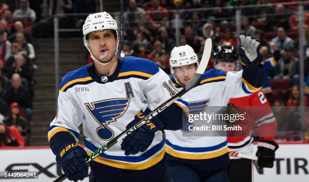 Brayden Schenn of the St. Louis Blues celebrates a goal against the Chicago Blackhawks during the second period at United Center on November 16, 2022...