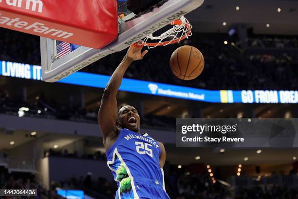 Serge Ibaka of the Milwaukee Bucks dunks against the Cleveland Cavaliers during the first half of a game at Fiserv Forum on November 16, 2022 in...