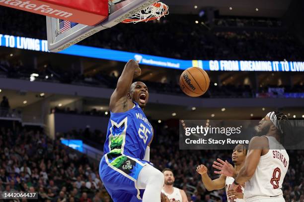 Serge Ibaka of the Milwaukee Bucks dunks against the Cleveland Cavaliers during the first half of a game at Fiserv Forum on November 16, 2022 in...