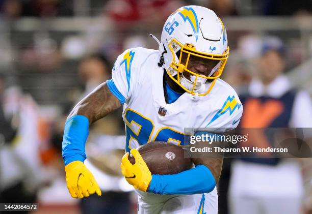 Asante Samuel Jr. #26 of the Los Angeles Chargers reacts after recovering a fumble during the first quarter against the San Francisco 49ers at Levi's...