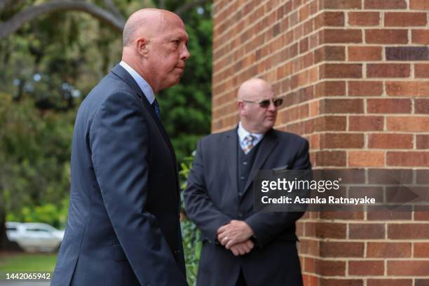 Leader of the opposition and Leader of the Liberal Party Peter Dutton arrives for the memorial of Peter Reith on November 17, 2022 in Melbourne,...