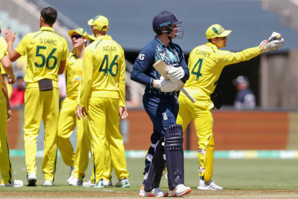 Jason Roy of England out, bowled by Mitchell Starc of Australia for 6 runs during game one of the One Day International series between Australia and...