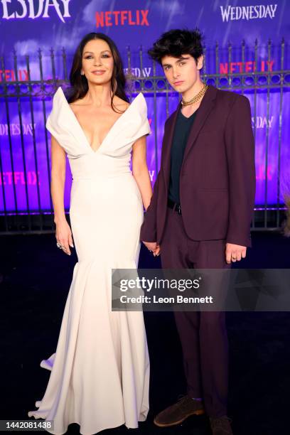 Catherine Zeta-Jones and Dylan Michael Douglas attend the world premiere of Netflix's "Wednesday" at Hollywood Legion Theater on November 16, 2022 in...