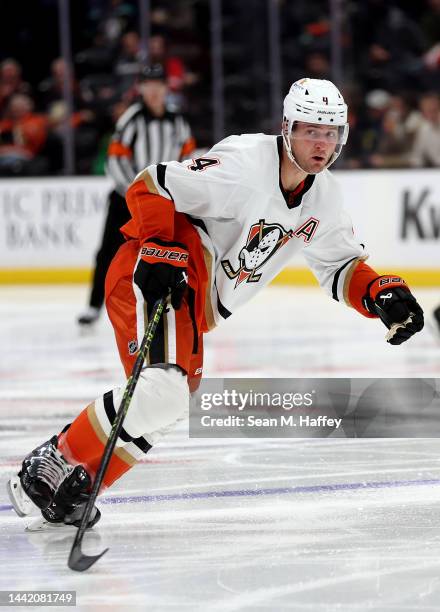 Cam Fowler of the Anaheim Ducks skates during overtime of a game against the Detroit Red Wings at Honda Center on November 15, 2022 in Anaheim,...