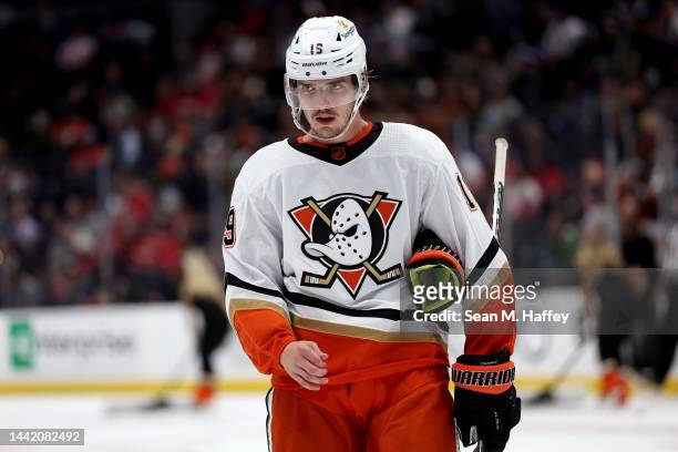 Troy Terry of the Anaheim Ducks looks on during overtime of a game against the Detroit Red Wings at Honda Center on November 15, 2022 in Anaheim,...