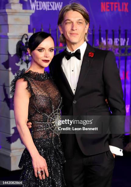 Christina Ricci and Mark Hampton attend the world premiere of Netflix's "Wednesday" at Hollywood Legion Theater on November 16, 2022 in Los Angeles,...