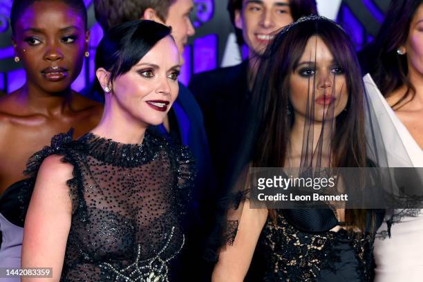 Christina Ricci and Jenna Ortega attend the world premiere of Netflix's "Wednesday" at Hollywood Legion Theater on November 16, 2022 in Los Angeles,...