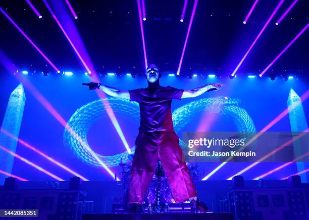 Ivan Moody of Five Finger Death Punch performs at Bridgestone Arena on November 16, 2022 in Nashville, Tennessee.