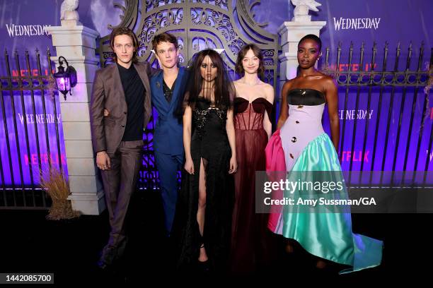 Percy Hynes White, Hunter Doohan, Jenna Ortega, Emma Myers and Joy Sunday attend the world premiere of Netflix's "Wednesday" at Hollywood Legion...