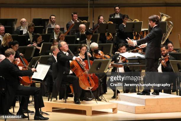 Yo-Yo Ma performs with the Toronto Symphony Orchestra during Celebration 100: A Gala With Yo-Yo Ma at Roy Thomson Hall on November 16, 2022 in...