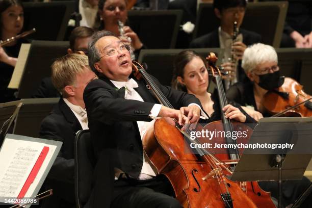 Yo-Yo Ma performs with the Toronto Symphony Orchestra during Celebration 100: A Gala With Yo-Yo Ma at Roy Thomson Hall on November 16, 2022 in...