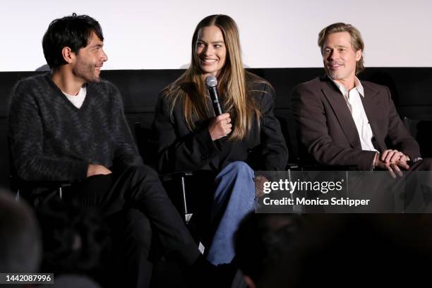 Diego Calva, Margot Robbie, and Brad Pitt attend a New York Special Screening and Q&A in support of Paramount Pictures' "Babylon" at the AMC Lincoln...