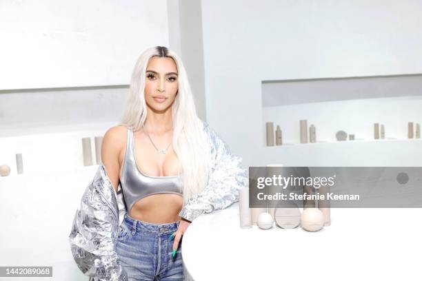 Kim Kardashian visits the SKKN by KIM holiday pop-up store at Westfield Century City Mall on November 16, 2022 in Century City, California.