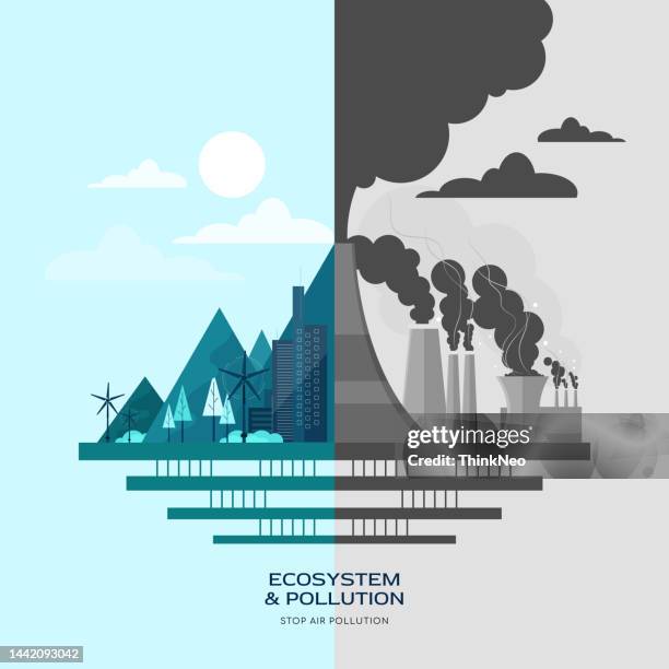 bildbanksillustrationer, clip art samt tecknat material och ikoner med vector of industrial factory buildings, polluting air with electricity tower, chimney, and smoke or fog air pollution. - air pollution