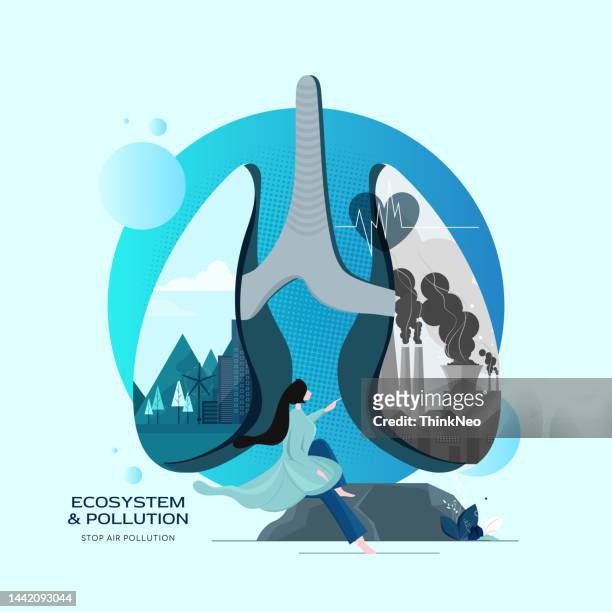 ilustrações de stock, clip art, desenhos animados e ícones de urban pollution - effect of particulate matter pm 10 and 2.5 pollution on human lungs - suffocated