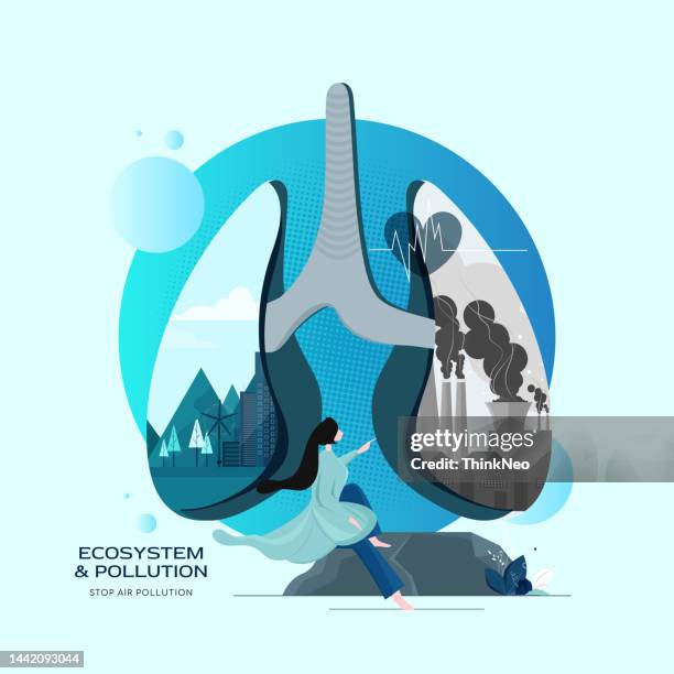 urban pollution - effect of particulate matter pm 10 and 2.5 pollution on human lungs - smog icon stock illustrations