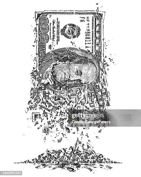dissolving american one hundred dollar bill and inflation - economics - ben franklin stock illustrations
