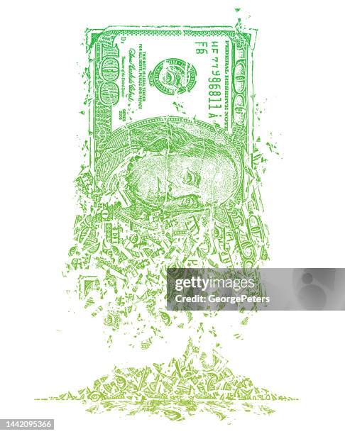 dissolving american one hundred dollar bill and inflation - economics - american one hundred dollar bill stock illustrations