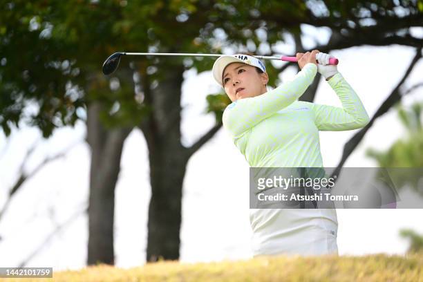Chie Arimura of Japan hits her tee shot on the 16th hole during the first round of Daio Paper Elleair Ladies at Elleair Golf Club Matsuyama on...