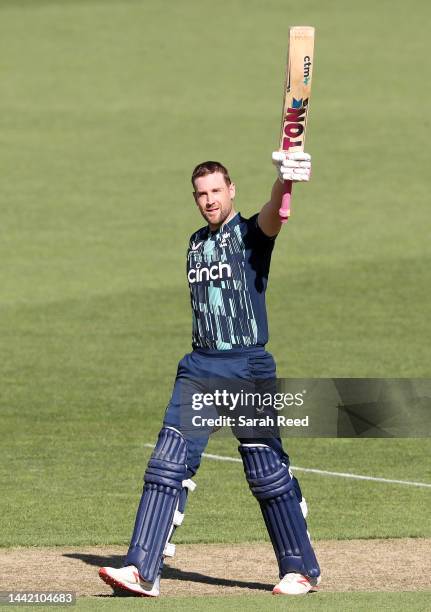 Dawid Malan of England celebrates his 100th run during game one of the One Day International series between Australia and England at Adelaide Oval on...