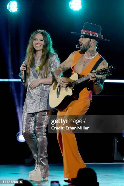 Joy Huerta and Jesse Huerta of Jesse y Joy perform onstage during The Latin Recording Academy's 2022 Person of the Year Gala Honoring Marco Antonio...