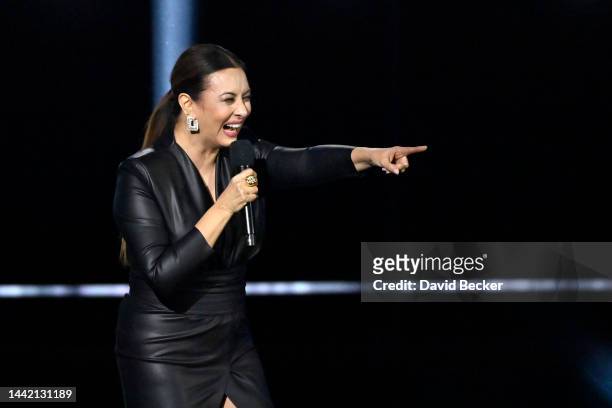 Myriam Hernández speaks onstage during the 2022 Latin Recording Academy Person of the Year Honoring Marco Antonio Solís at the Mandalay Bay...
