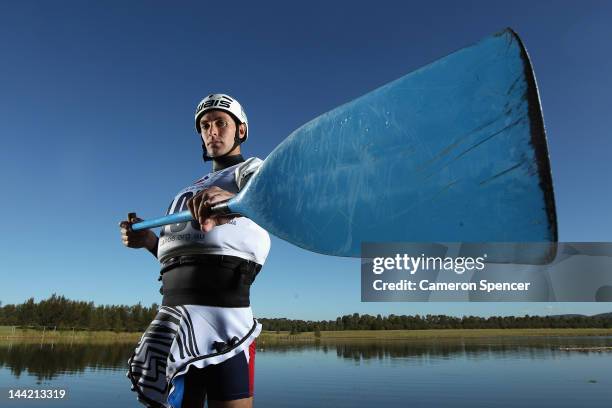 Australian Canoe Slalom athlete Robin Jeffery poses during an Australian Olympic Games Canoe Slalom portrait session at Penrith Whitewater Centre on...