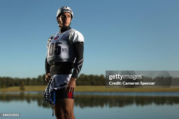 Canoe Slalom athlete Robin Jeffery poses during an Australian Olympic Games Canoe Slalom portrait session at Penrith Whitewater Centre on May 11,...