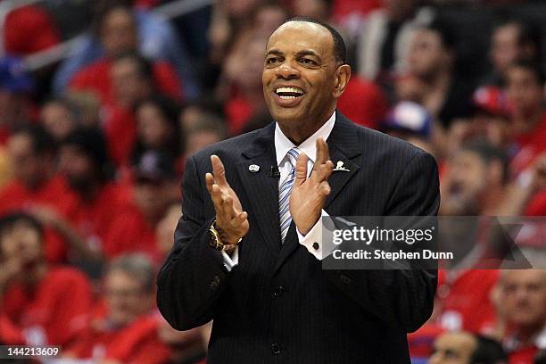 Head coach Lionel Hollins of the Memphis Grizzlies cheers on his team in the first quarter while taking on the Los Angeles Clippers in Game Six of...