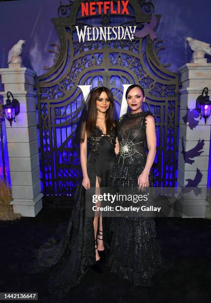 Jenna Ortega and Christina Ricci attend the world premiere of Netflix's "Wednesday" on November 16, 2022 in Los Angeles, California.